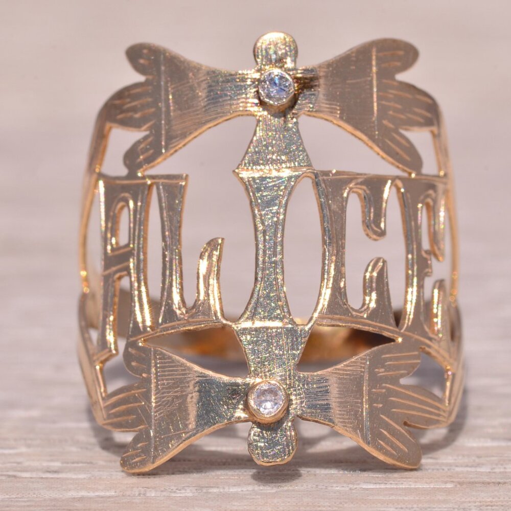 Diamond Bow Motif Name Ring in Yellow Gold